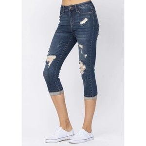 Judy Blue Jeans Womens 5/27 Denim Mid Rise Skinny Fit Capri Distressed Stretch